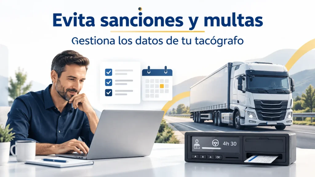 Gestor de flotas ante un ordenador, junto a un camión y una representación de un tacógrafo, con la leyenda «Evita sanciones y multas».