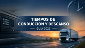 Camión en carretera junto a un tacógrafo y un reloj, tiempos de conducción y descanso 2025