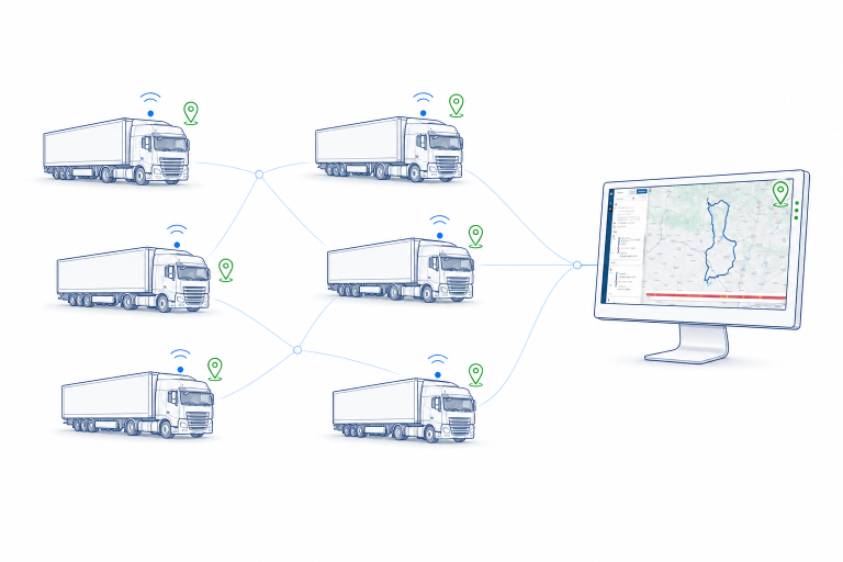 Flota de camiones conectada a un mapa de gestión de vehículos