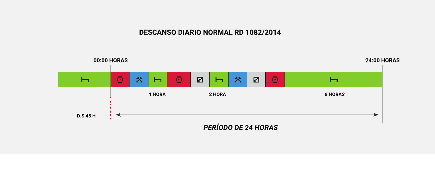 Cronología de veinticuatro horas con tres períodos de descanso de una, dos y ocho horas.