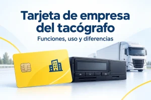 Ilustración de una tarjeta de empresa junto a un tacógrafo digital y un camión.