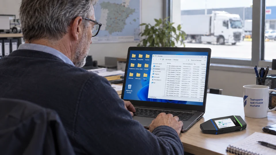Responsable de flota organizando carpetas y archivos de descarga en el ordenador, con la llave VDO DLK Smart sobre la mesa