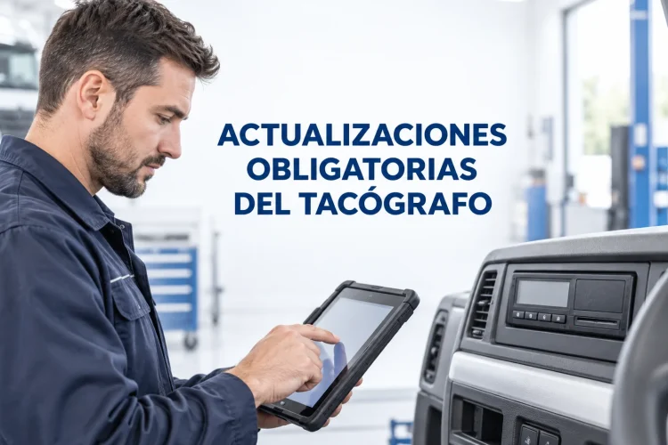 Técnico revisando el software de un tacógrafo digital en un centro autorizado con el título Actualizaciones obligatorias del tacógrafo