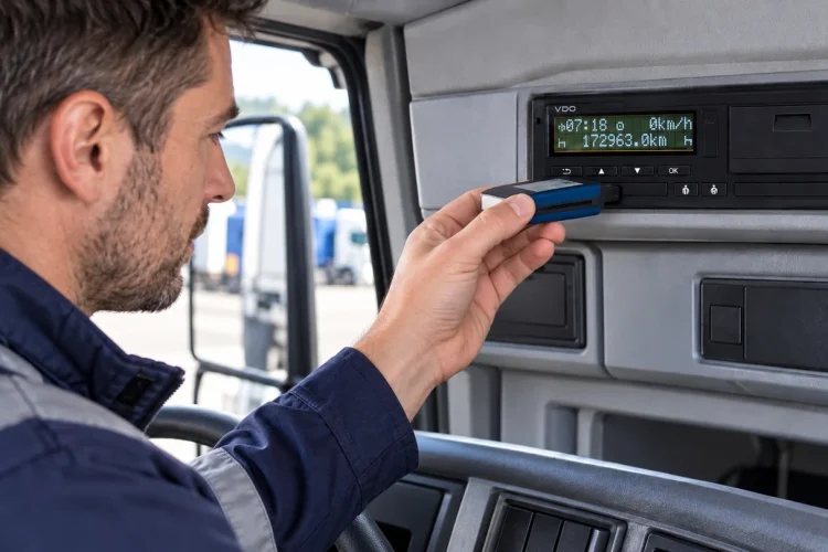 Profesional realizando una descarga manual con una llave DLK de VDO en la cabina