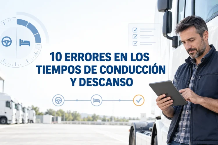 Conductor profesional consultando una tablet junto a un camión con el título 10 errores en los tiempos de conducción y descanso