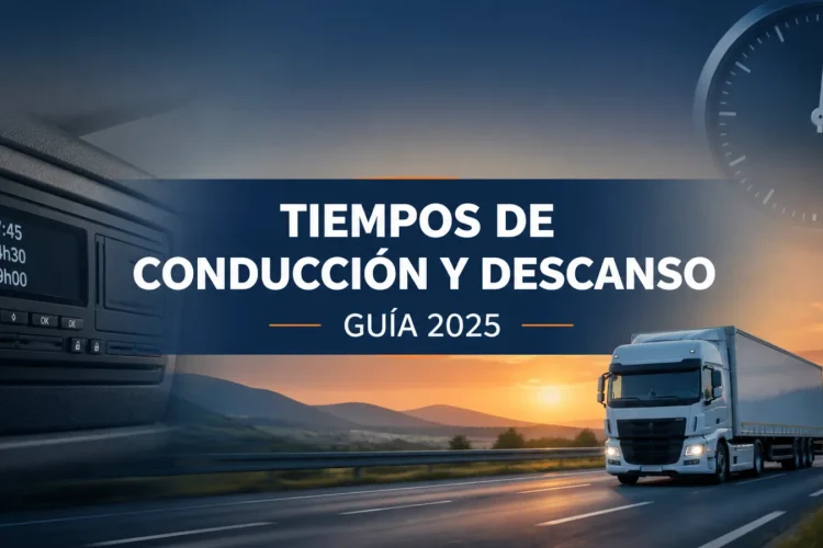 Camión en carretera junto a un tacógrafo y un reloj, tiempos de conducción y descanso 2025