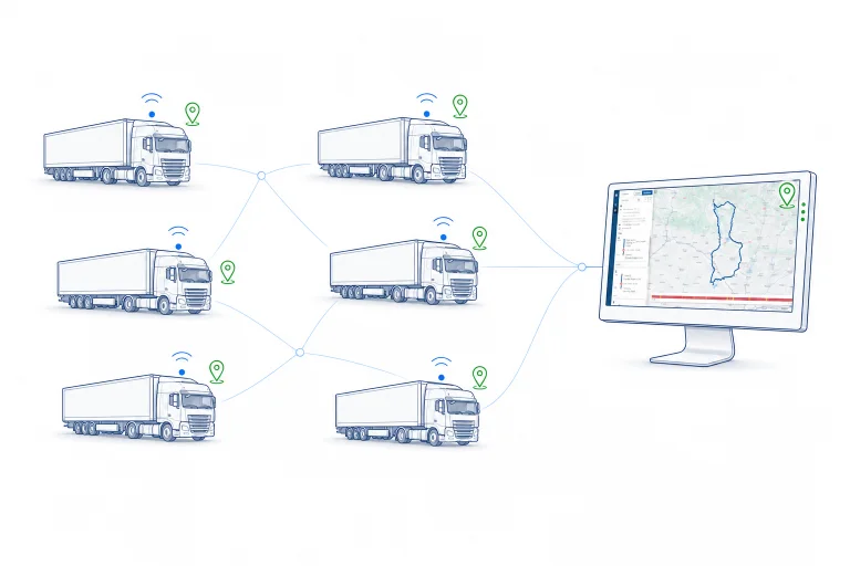 Flota de camiones conectada a un mapa de gestión de vehículos